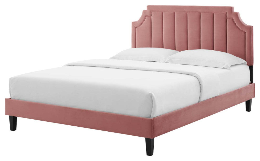 Platform Bed Frame, Twin Size, Velvet, Pink, Modern Contemporary, Bedroom Master