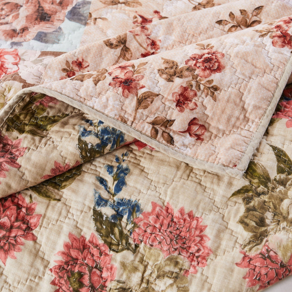 Benzara BM231031 3 Piece Microfiber Reversible Floral Print Queen Quilt Set