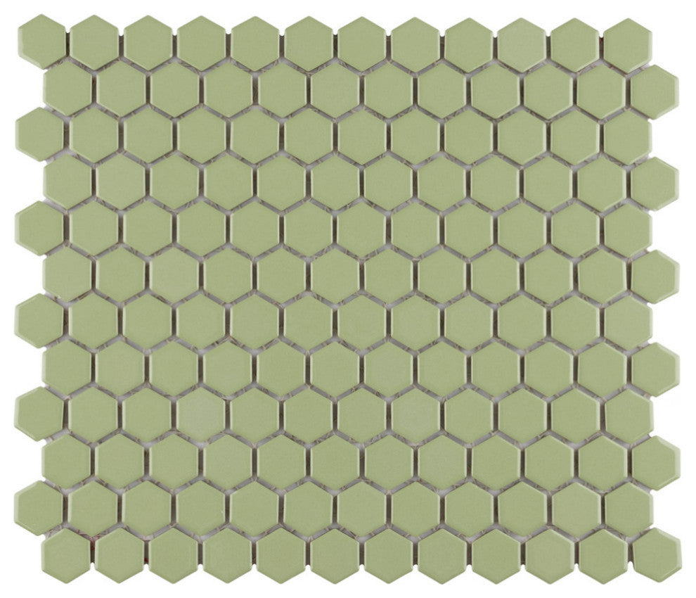 Metro 1" Hex Porcelain Mosaic Floor and Wall Tile, Glossy Olive