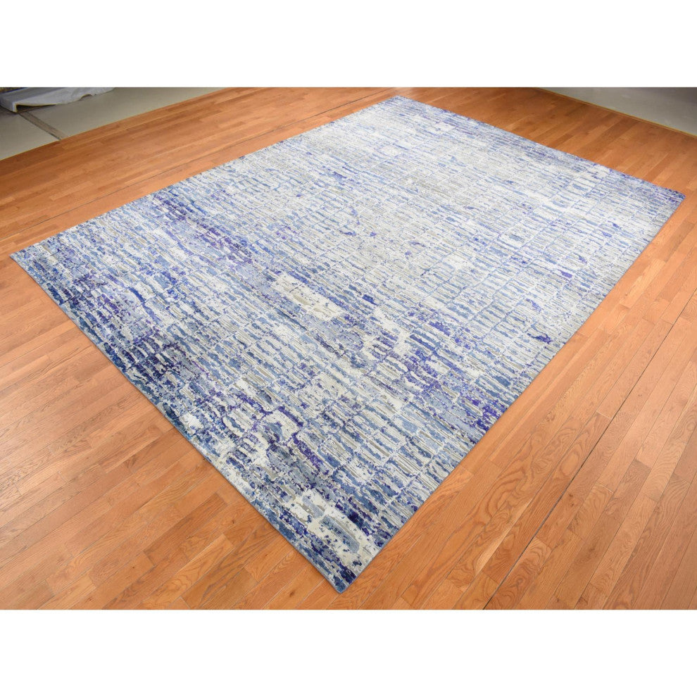 Indigo Color, Diminishing Bricks, Sari Silk, Hand Knotted, Rug, 10'2"x13'10"