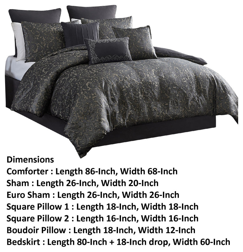 Benzara BM283918 9 Piece Polyester King Comforter Set, Charcoal Gray