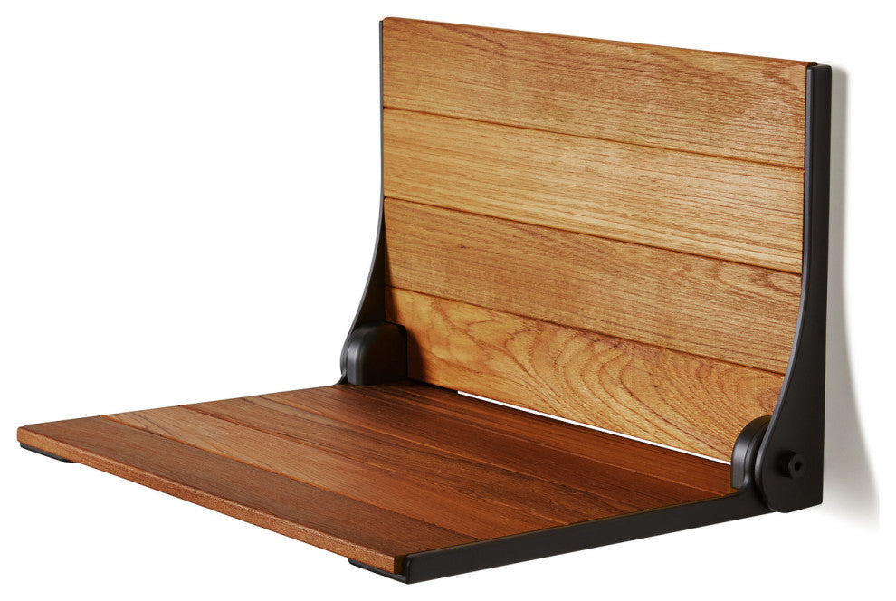 Silhouette Natural Teak Wood Folding Shower Bench Seat, Matte Black Frame
