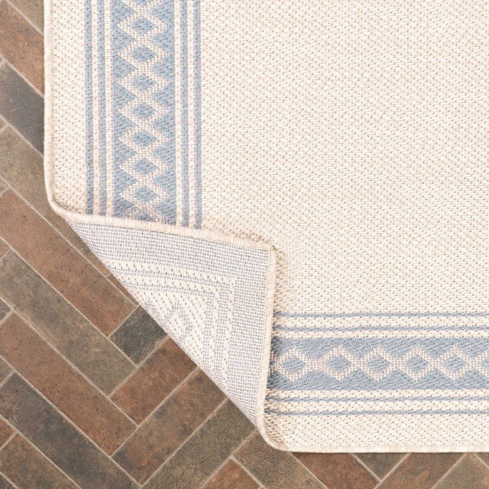 Lucia Classic Diamond Border Indoor/Outdoor Area Rug, Cream/Blue, 2x8