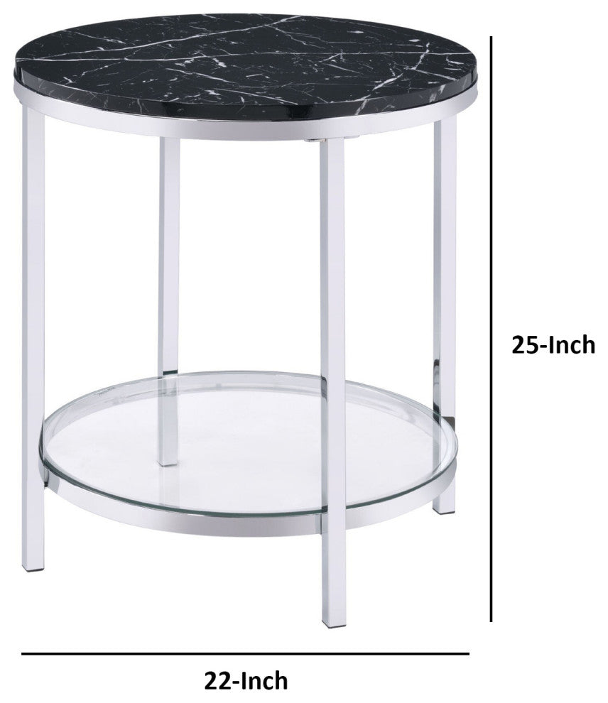 Benzara BM250265 End Table With Round Faux Marble Top and Glass Shelf, Black