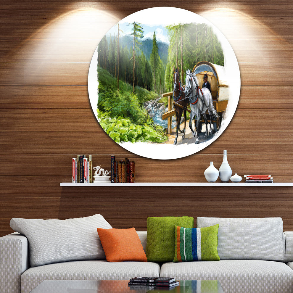 Green Landscape With Horse, Digital Art Disc Metal Artwork, 11"