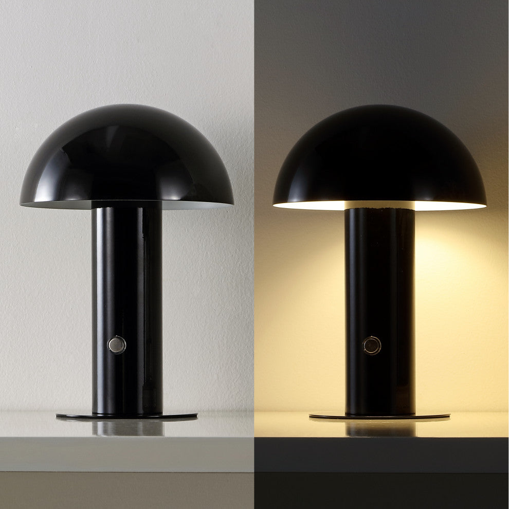 Boletus 10.75" Rechargeable/Cordless Iron Integrated Mushroom Table Lamp, Black