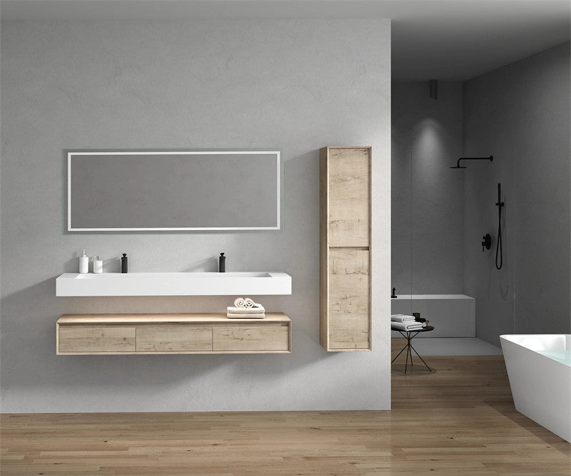 Alysa 72'' Floating Vanity, Acrylic Sink, Double Faucet Hole, Light White Oak
