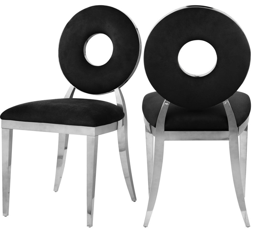 Carousel Upholstered Dining Chair, Set of 2, Black Velvet, Chrome Finish