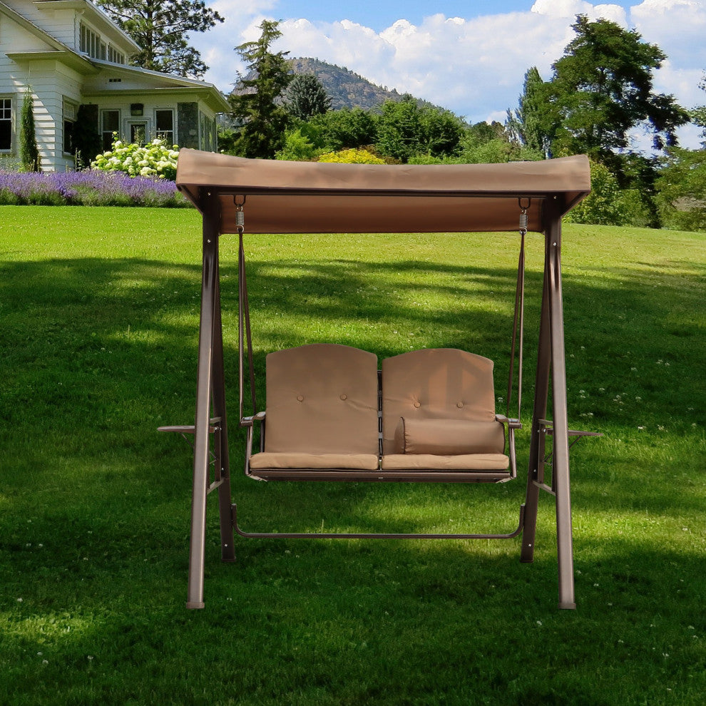 Outdoor Patio Porch Swing Chair With Adjustable Canopy and Pillow, Brown Beige