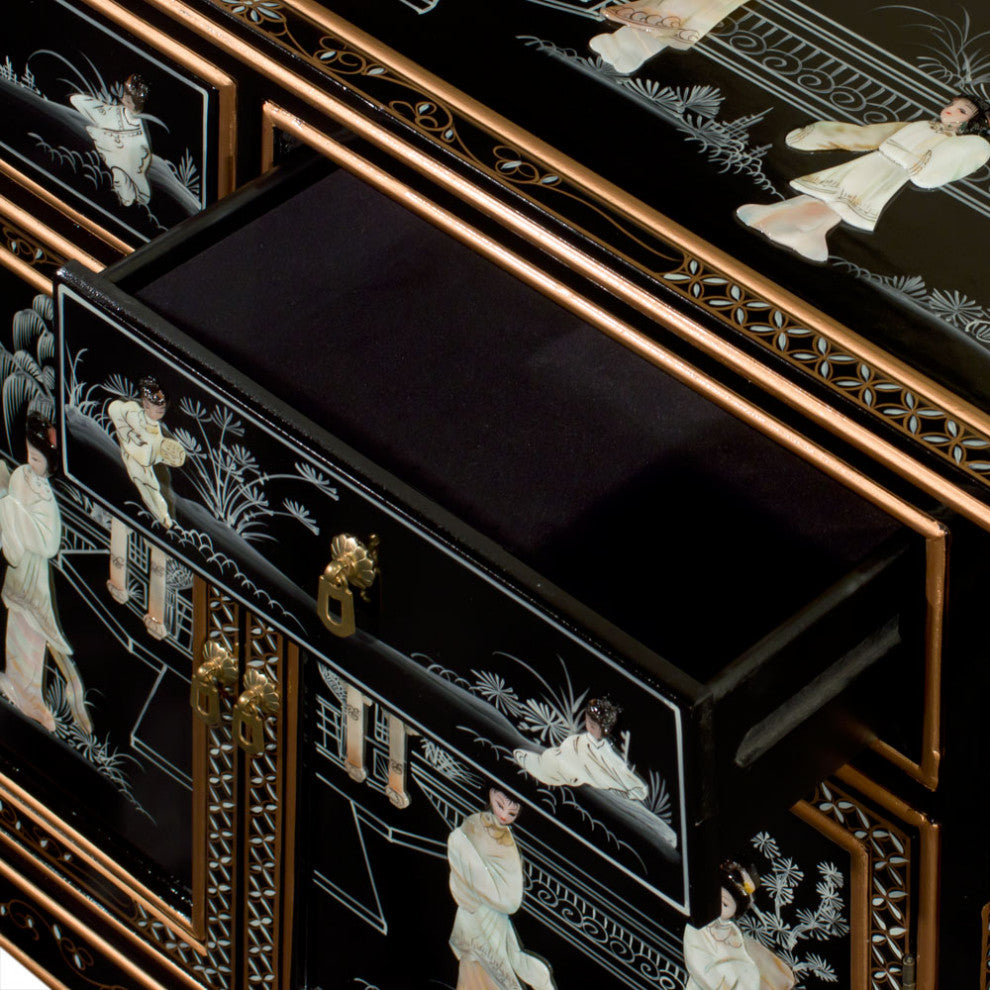 Black Lacquer Mother of Pearl Motif Oriental Altar Style Cabinet
