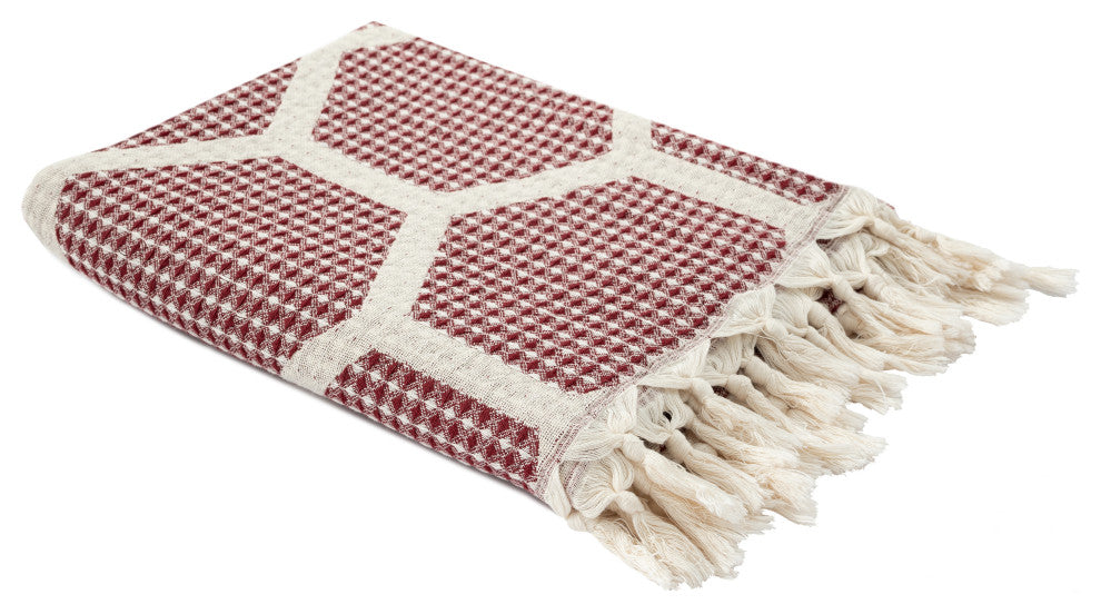 Blue/ Cream Geometric Turkish Organic Cotton Throw Blanket, Red