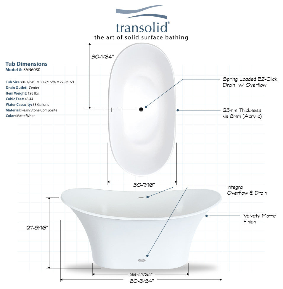 Transolid Anais 60"x30"x24" Freestanding Tub and Faucet Kit, White