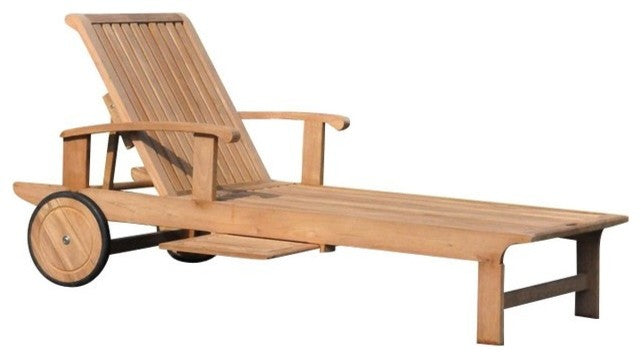 Teak Outdoor Patio Sack Chaise Lounger With Side Tray & Wheels, Set of 2