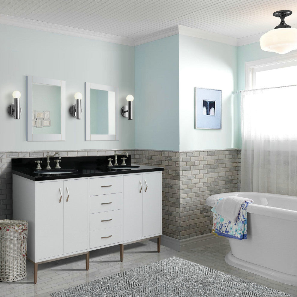 61" Double Sink Vanity, White Finish With Black Galaxy Granite And Oval Sink