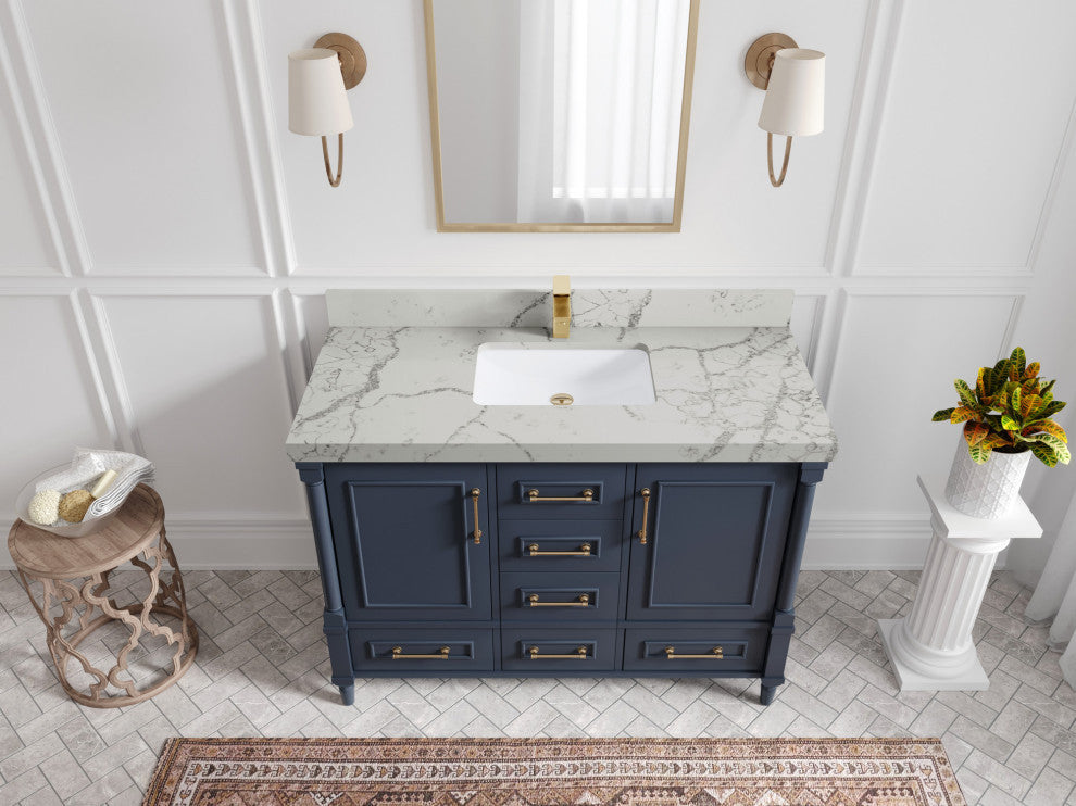 Aberdeen 48 Single Sink Bath Vanity in Hale Navy Blue  2" Venatino Quartz