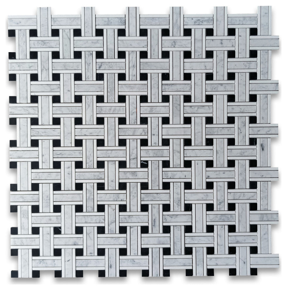 Carrara White Marble Twine Basketweave Mosaic Tile Black White Honed, 1 sheet