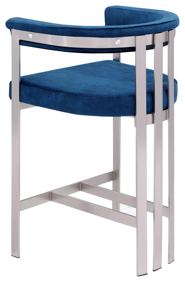 Marcello Upholstered Counter Stool, Navy, Velvet, Brushed Chrome