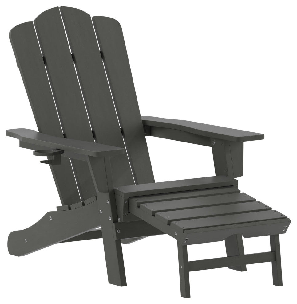 Newport HDPE Adirondack Chair with Cup Holder and Pull Out Ottoman, Gray