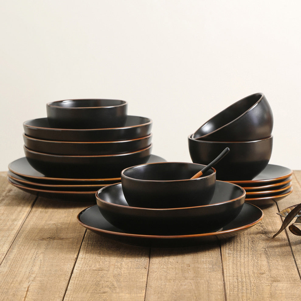 Stone Lain Brasa Stoneware 16 Piece Dinnerware Set, Black