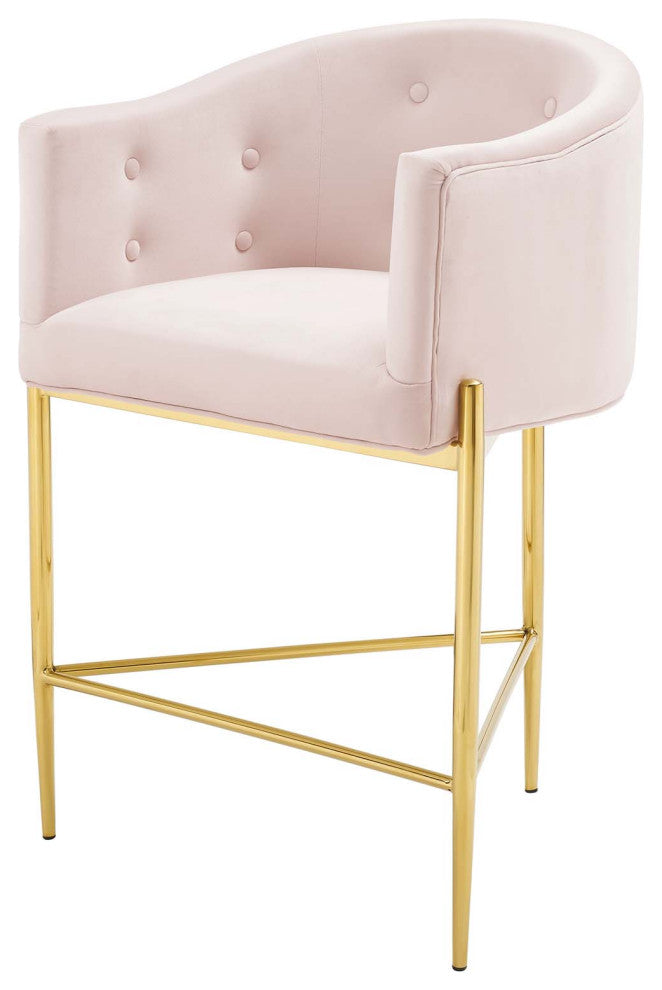 Tufted Counter Stool Chair, Velvet, Metal, Pink, Bar Pub Cafe Bistro Restaurant