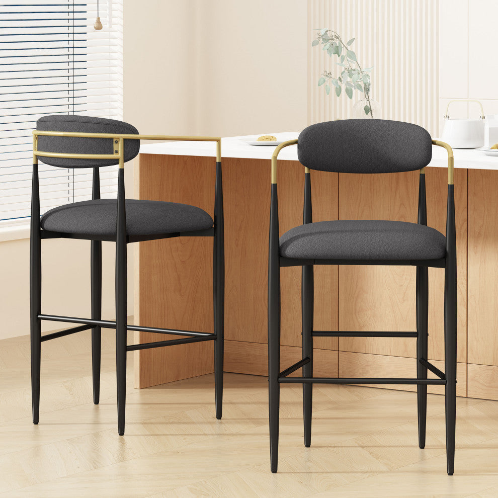 Camas Modern Fabric Upholstered Iron 30" Barstools, Set of 2, Charcoal/Black