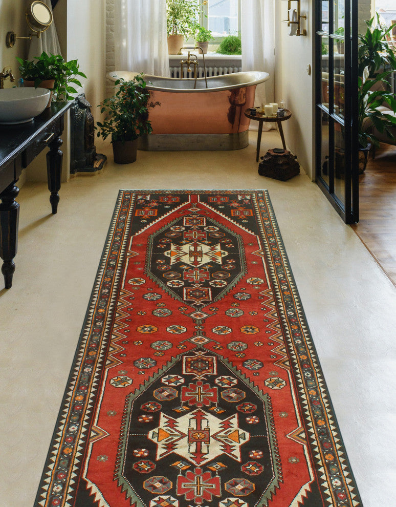 Fine Vintage Distressed Ardalan Rust/Charcoal Runner, 3'9 x 10'6