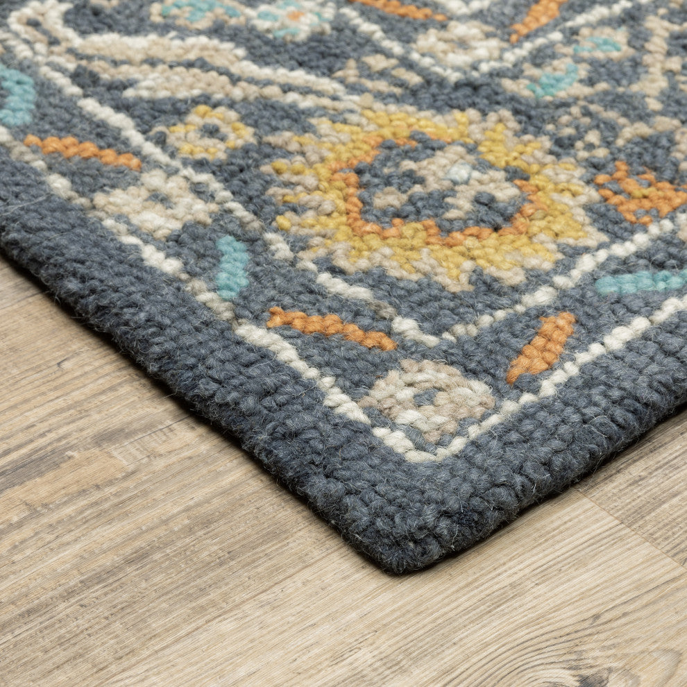 Zavier Floral Tribal Blue/Gold Hand Tufted Wool Area Rug, 5'x8'