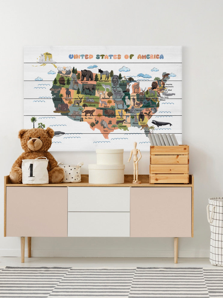 "Colorful US Animals Map" Painting Print on White Wood, 12x8