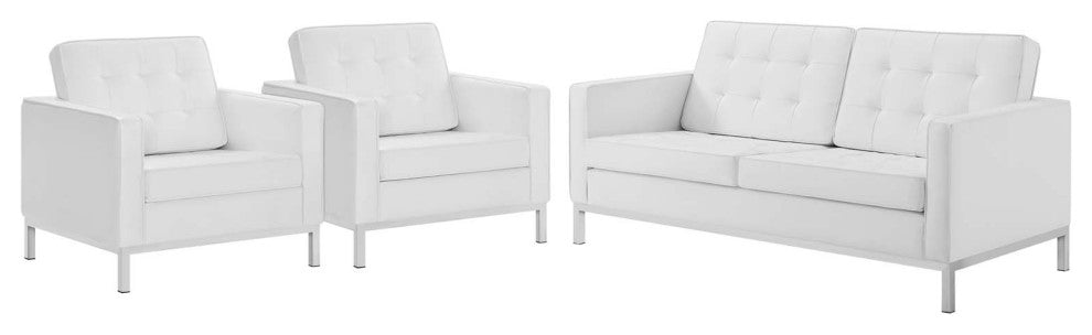 Tufted Armchair and Loveseat Sofa Set, Faux Leather, Silver White, Modern