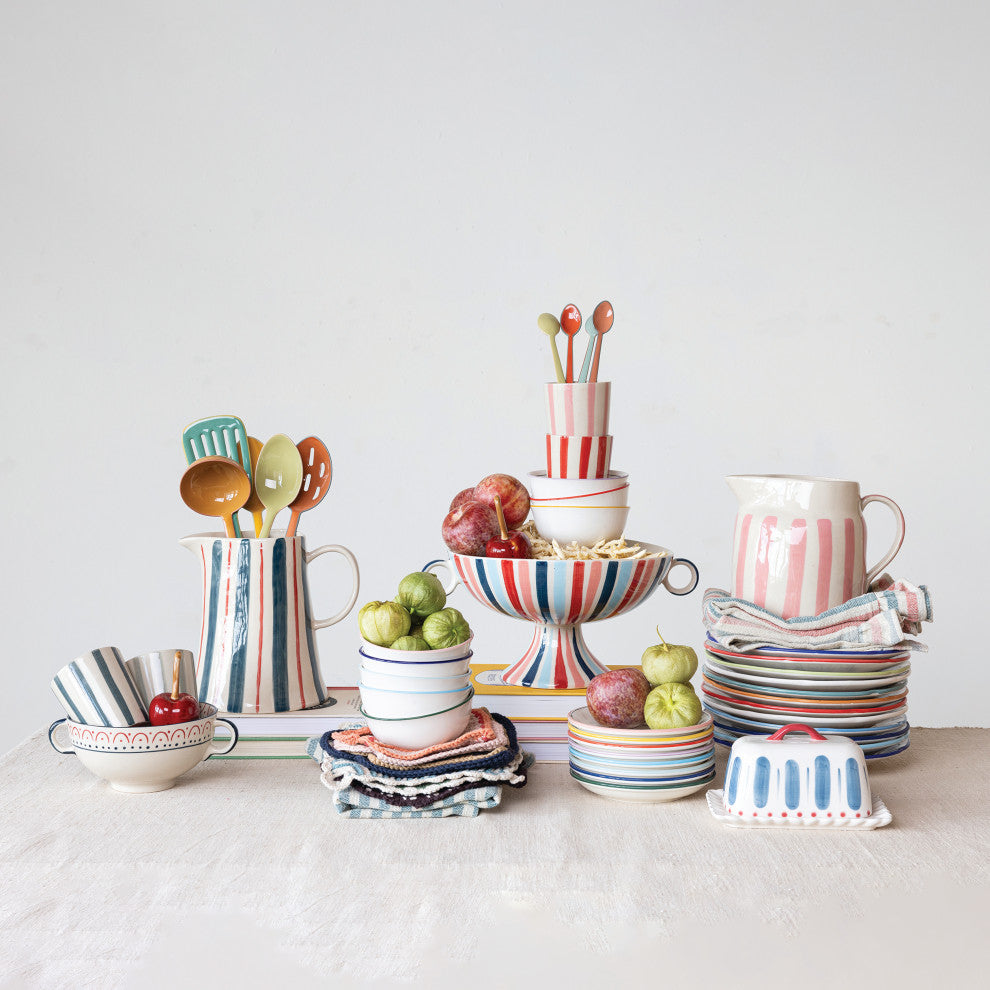Hand-Painted Stoneware Footed Bowl With Handles and Stripes, Multicolor