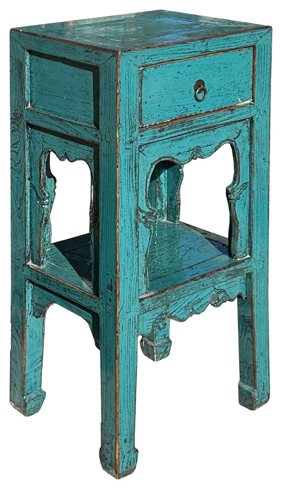 Distressed Gloss Teal Blue Pedestal Stand Side Table Chest