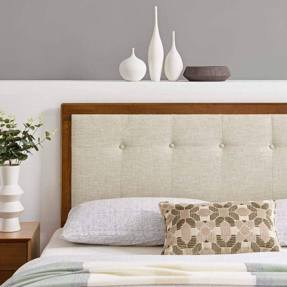 Tufted Headboard, King Size, Wood, Fabric, Brown Walnut Beige, Modern