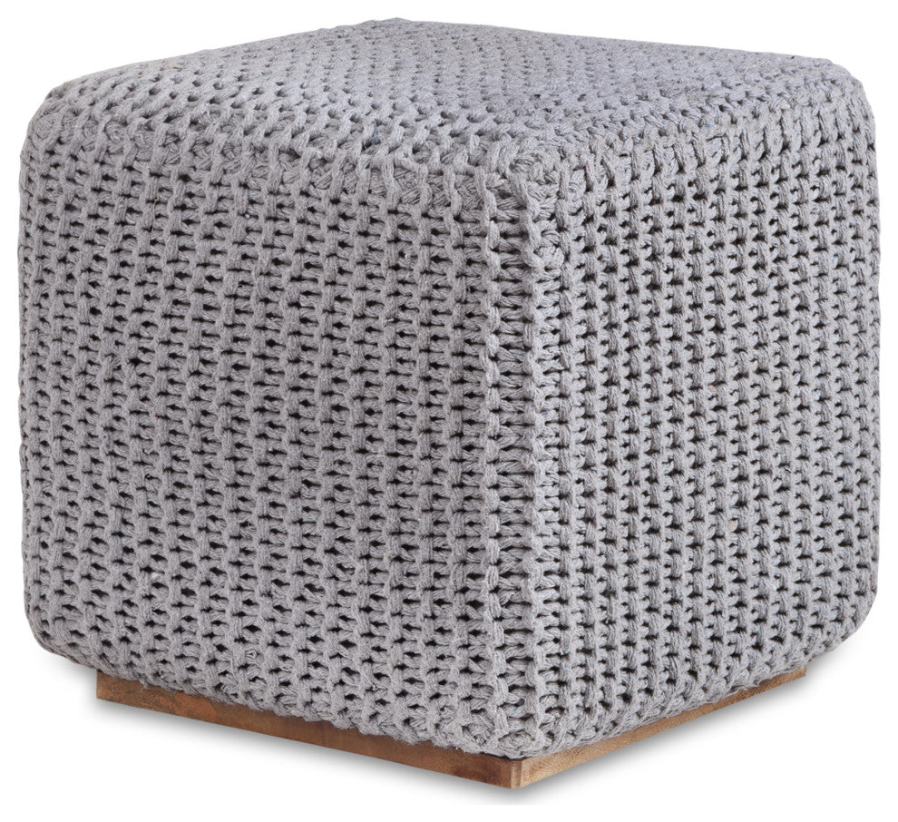 Loft Lyfe Roxy Ottoman, Hand Knitted, Wooden Tray, Cotton Yarn, Light Gray