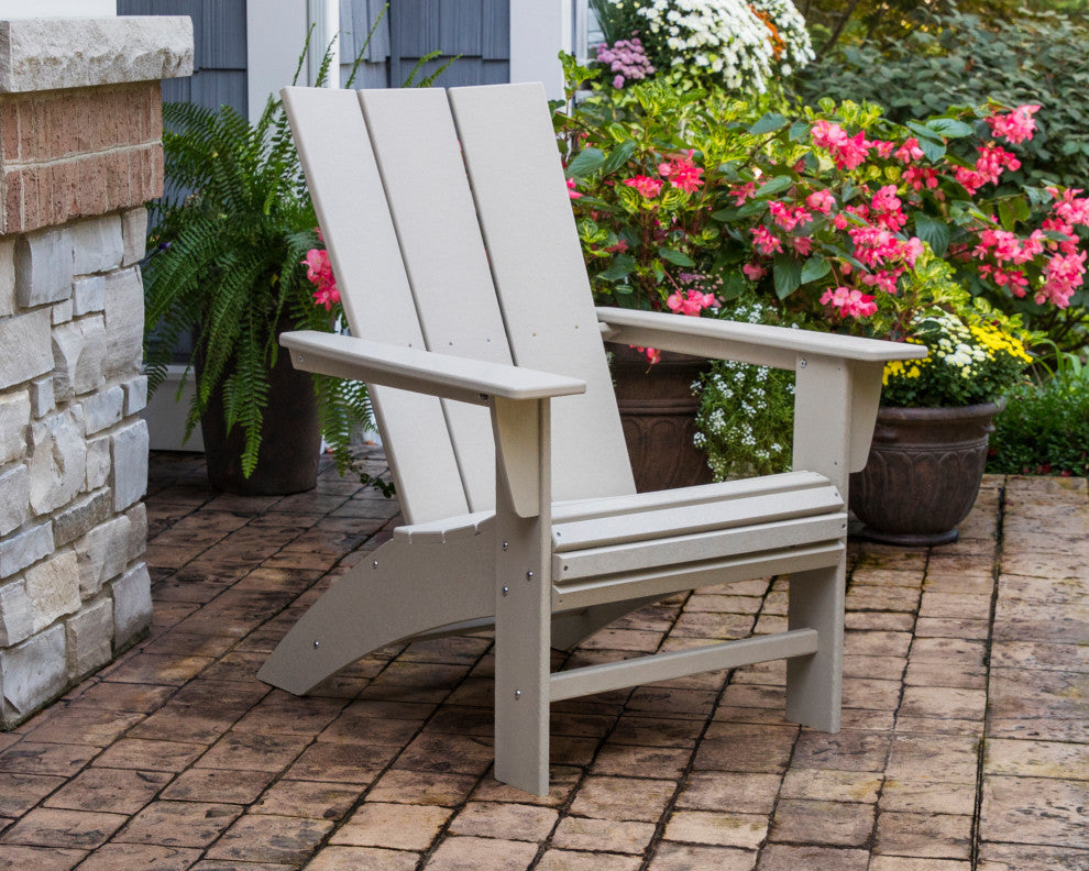 Modern Curveback Adirondack 5-Piece Set With Fire Pit Table, Sand