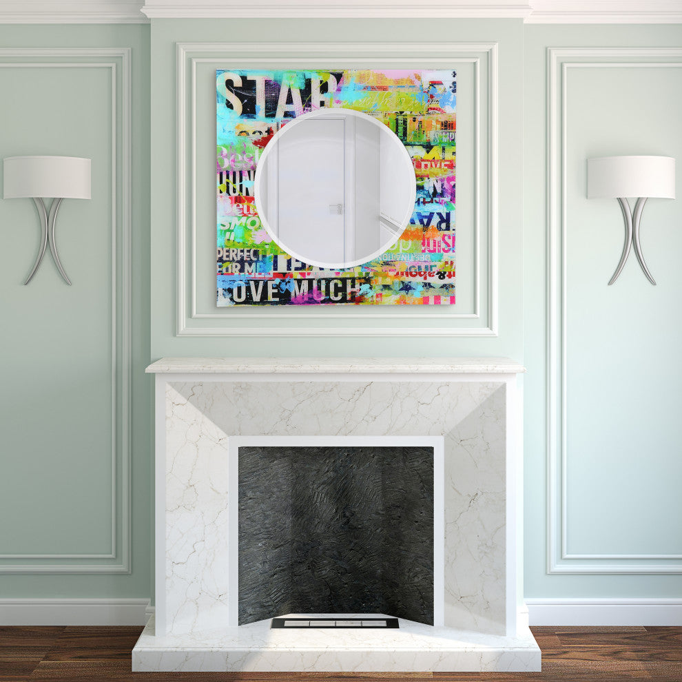"Star" Square Beveled Wall Mirror on Free Floating Printed Tempered Art Glass