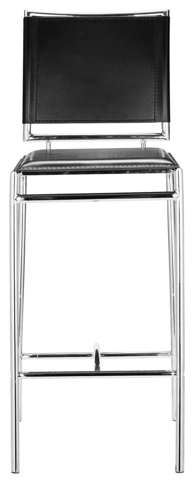 Bar Stool Chair Barstool, Set of 2, Faux Vinyl Leather, Steel, Black, Chrome