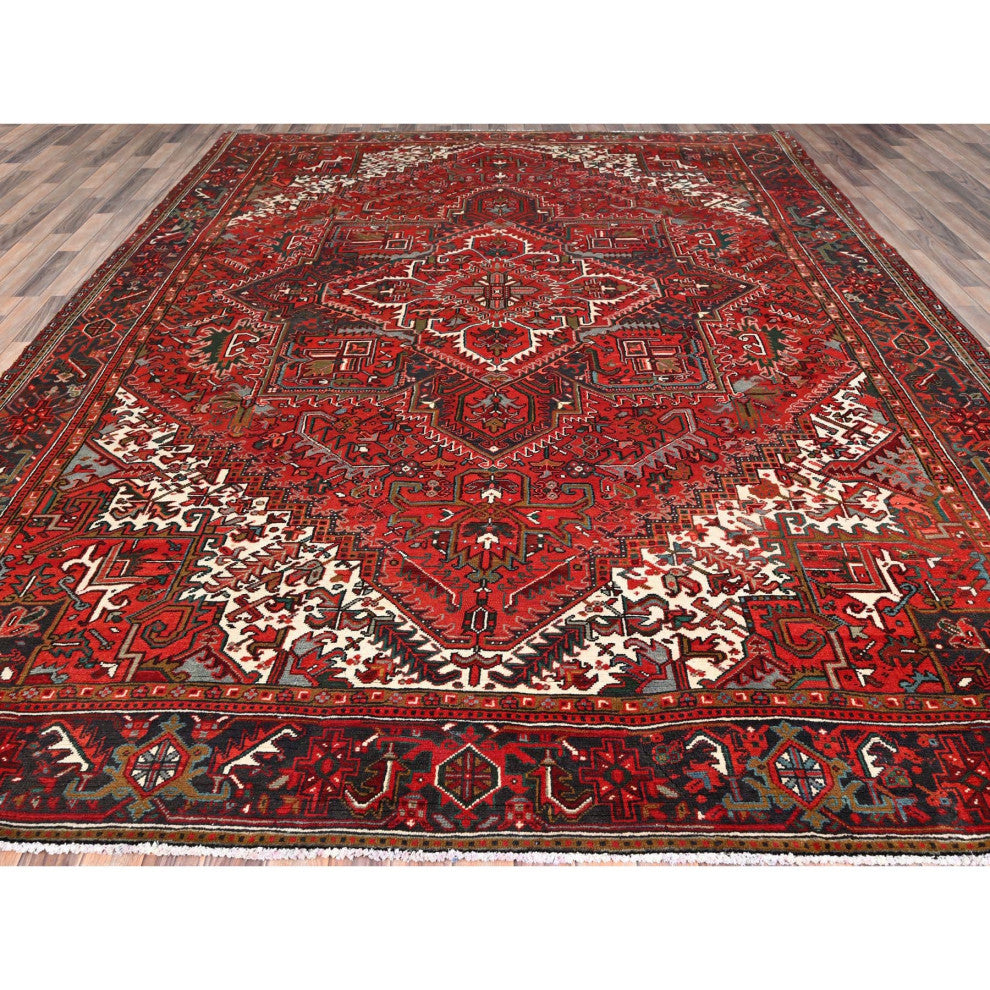 Barn Red Pure Wool Hand Knotted Vintage Persian Heriz Oriental Rug 9'9"x12'5"