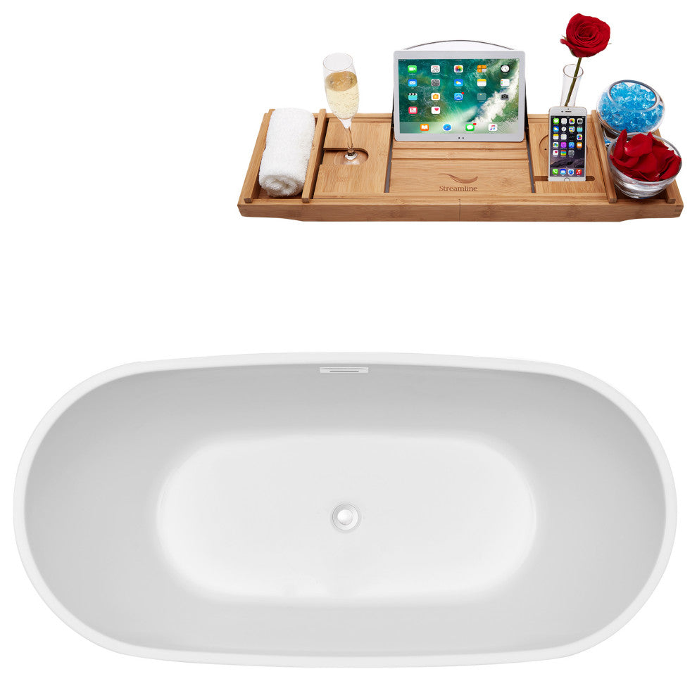 59" Streamline N560WH Soaking Freestanding Tub and Tray With Internal Drain