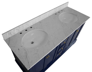 Bella 60" Bathroom Vanity, Royal Blue, Carrara Marble, Double Vanity
