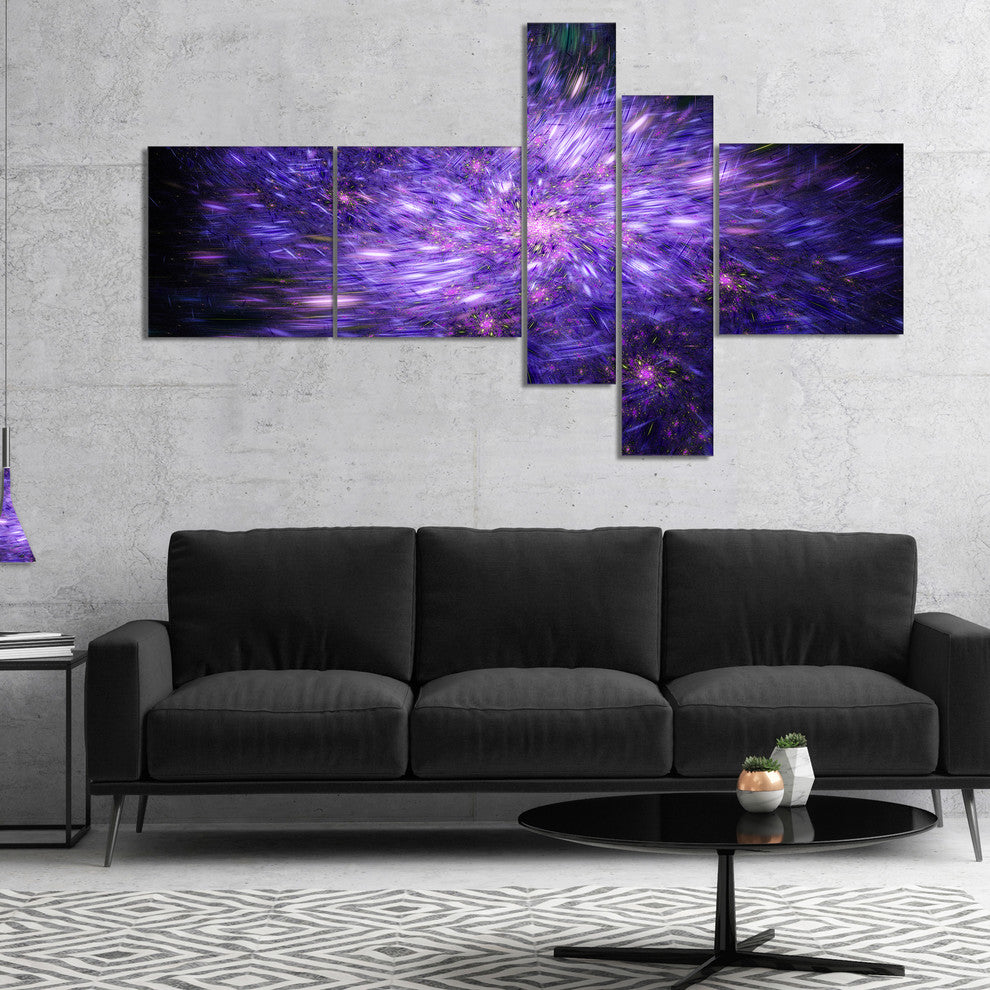 Purple Fireworks on Black, Abstract Art on Canvas, 60"x32", 5 panels