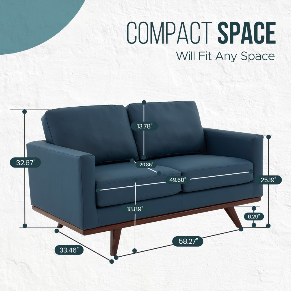 LeisureMod Chester Modern Leather Loveseat With Birch Wood Base, Navy Blue