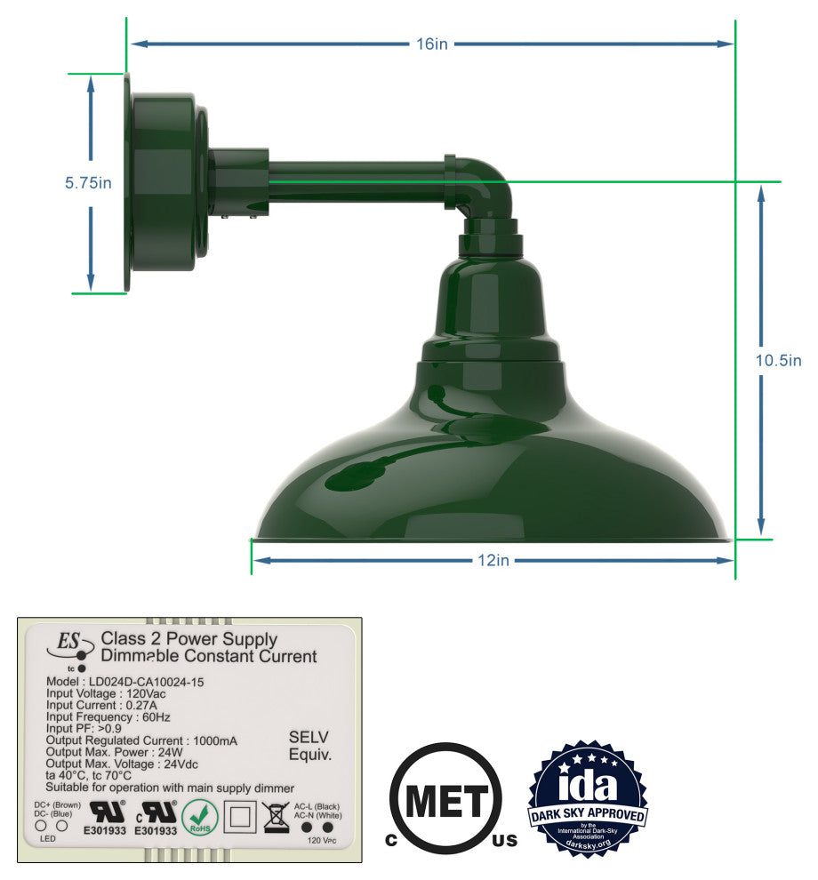 12in. Green Gooseneck Barn Light with Cosmopolitan Arm