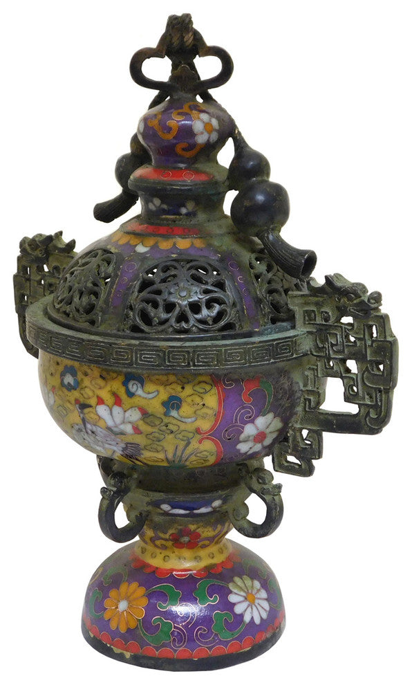 Chinese Metal Yellow Enamel Cloisonne Incense Burner Figure
