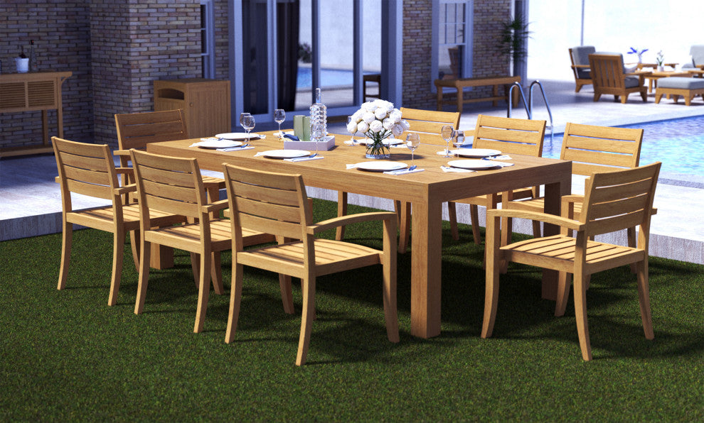 9-Piece Outdoor Teak Dining Set: 86" Rectangle Table, 8 Trav Stacking Arm Chairs