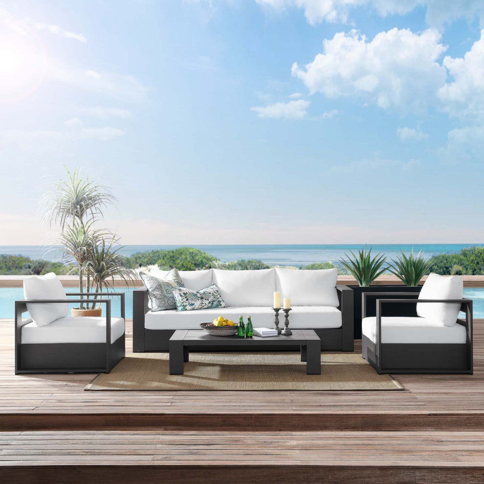 Lounge Sectional Sofa Chair Table Set, White, Aluminum, Modern, Outdoor Patio