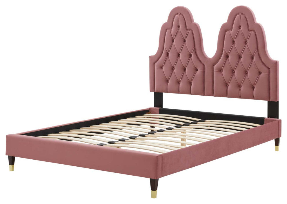 Tufted Platform Bed Frame, Twin Size, Velvet, Pink, Modern Contemporary, Bedroom