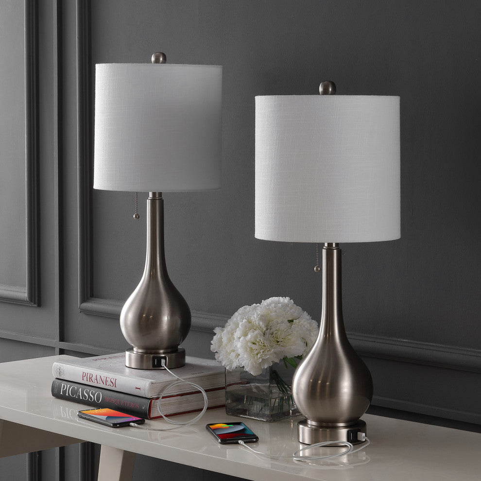 Tyler 24" Gourd Iron LED Table Lamp With Pull-Chain, USB Ports, Set of 2, Nickel