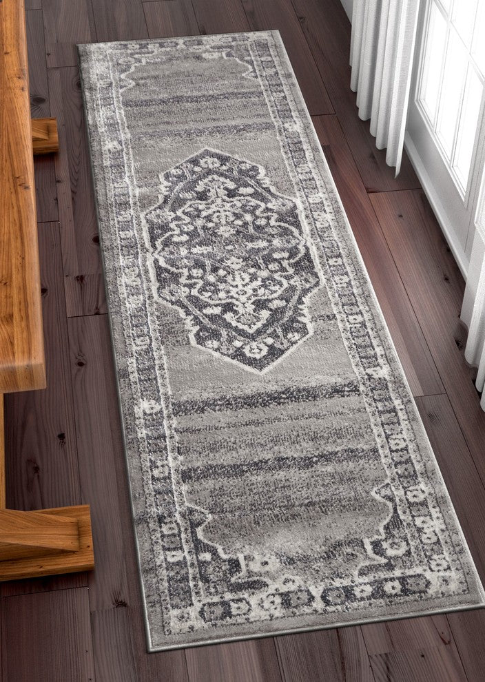 Well Woven Pearl Republic Dark Gray Modern Distressed Medallion Soft Runner Rug