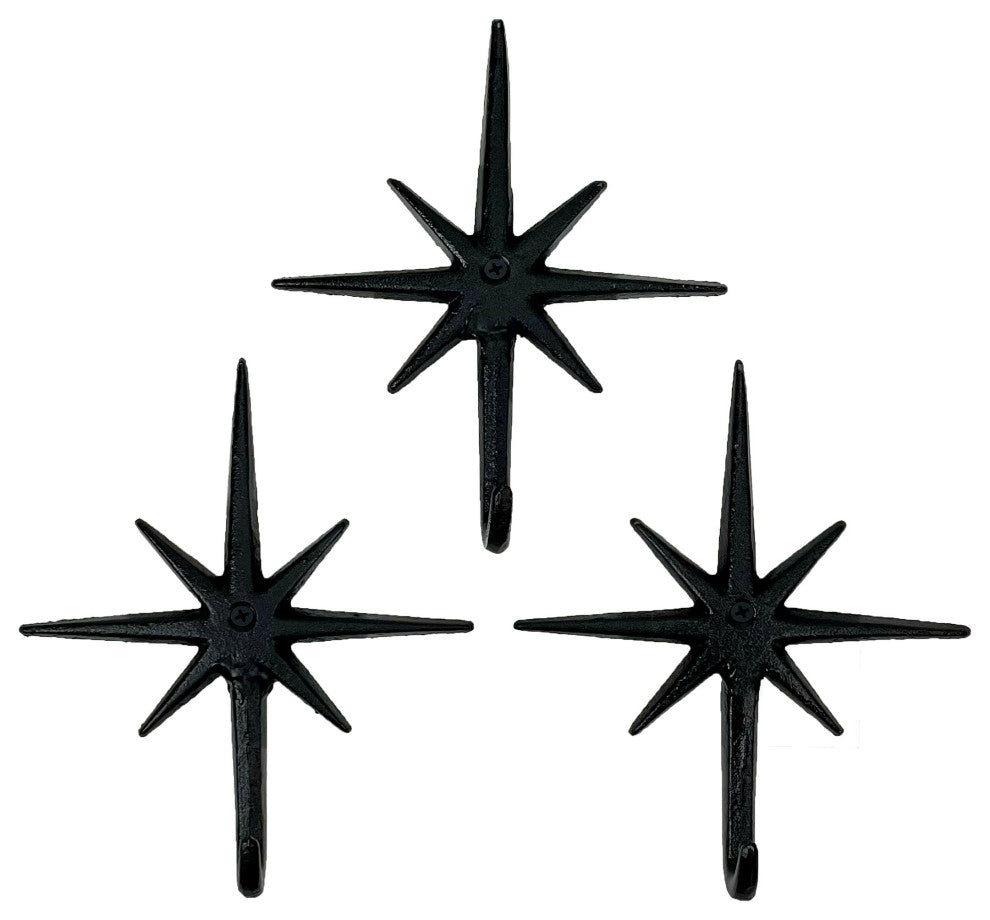 Set of 3 Black Finish Cast Iron Atomic Starburst Wall Hooks