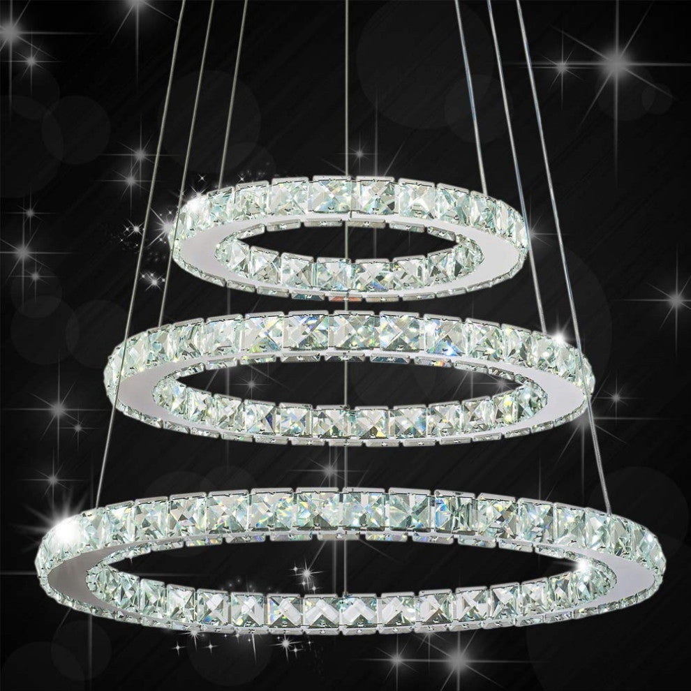 3 Circle Diamond Ring LED Crystal Modern Light  Pendant, Diameter 32" Daylight